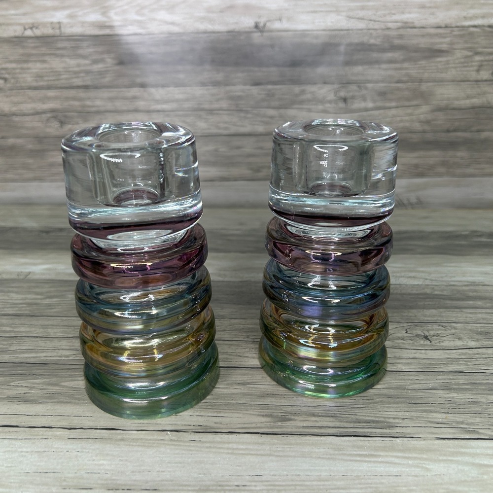 Block Crystal Candle Holders Carnival 5" Multicolor Rings Rainbow Pastel MCM